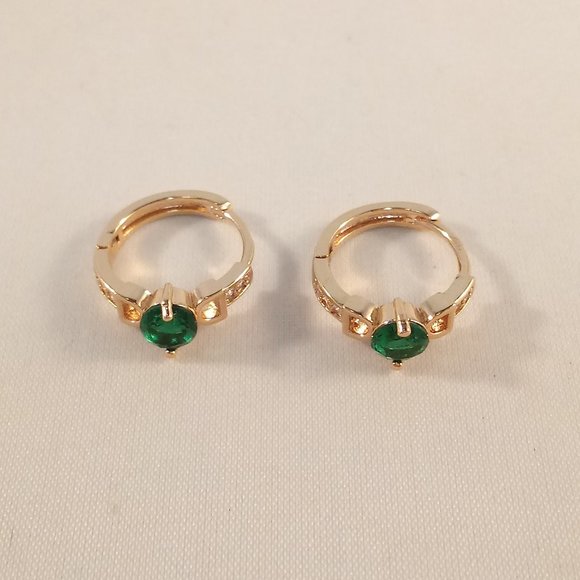 18K Yellow Gold Filled Diamond Zircon Emerald Green Hoop Earrings .46ctw ea. - Picture 3 of 4